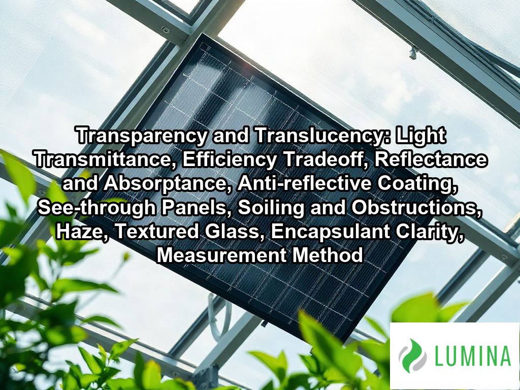 A modern solar canopy illustrates transparency and translucency as sunlight filters through bifacial panels into a courtyard on a page about Transparency and Translucency: Light Transmittance, Efficiency Tradeoff, Reflectance and Absorptance, Anti-reflective Coating, See-through Panels, Soiling and Obstructions, Haze, Textured Glass, Encapsulant Clarity, Measurement Method
