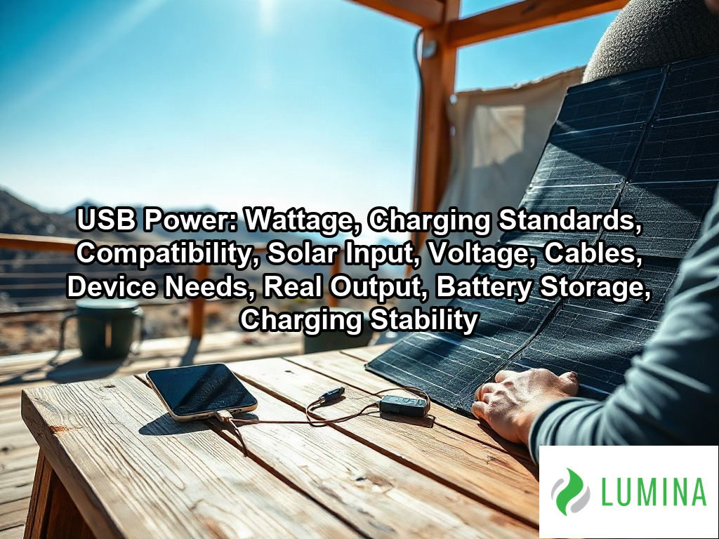 A tablet charges from a solar panel via USB power to demonstrate how renewable energy effectively fuels remote equipment on a page about USB Power: Wattage, Charging Standards, Compatibility, Solar Input, Voltage, Cables, Device Needs, Real Output, Battery Storage, Charging Stability