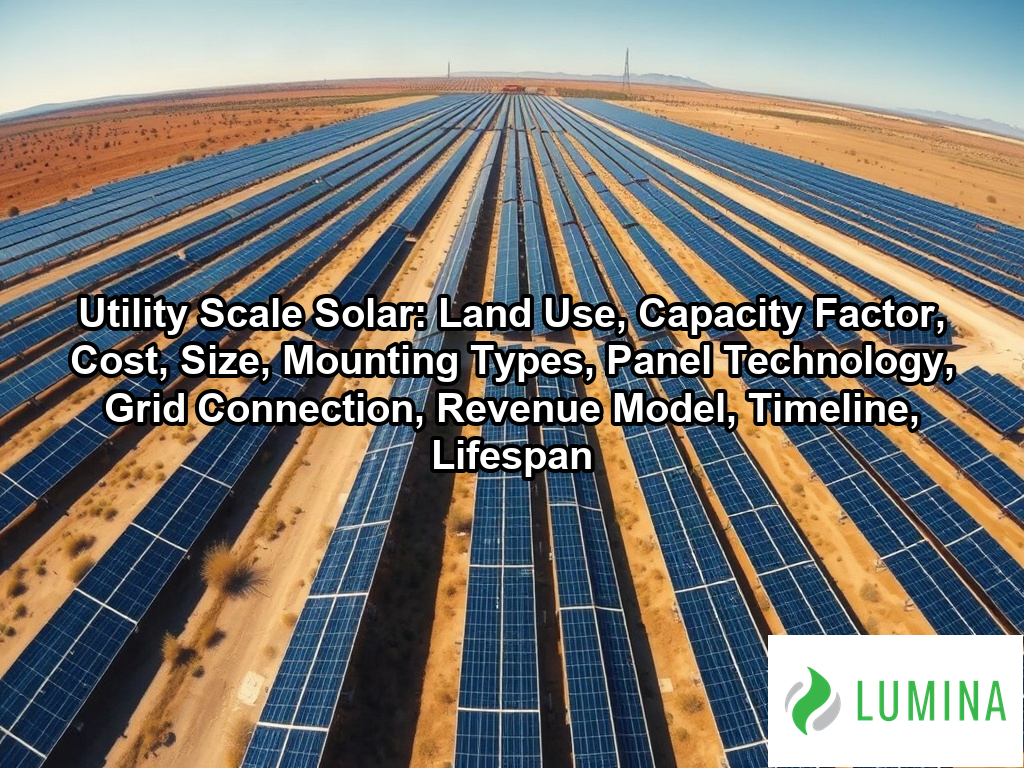 A vast utility scale solar farm features rows of panels across a rural landscape to generate clean energy for the grid on a page about Utility Scale Solar: Land Use, Capacity Factor, Cost, Size, Mounting Types, Panel Technology, Grid Connection, Revenue Model, Timeline, Lifespan
