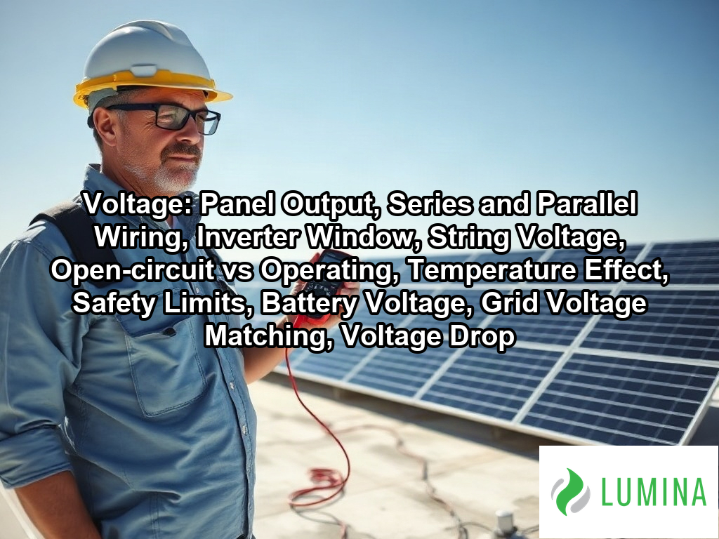 A solar inverter display shows the DC voltage input measured from rooftop solar panels to help track energy production on a page about Voltage: Panel Output, Series and Parallel Wiring, Inverter Window, String Voltage, Open-circuit vs Operating, Temperature Effect, Safety Limits, Battery Voltage, Grid Voltage Matching, Voltage Drop