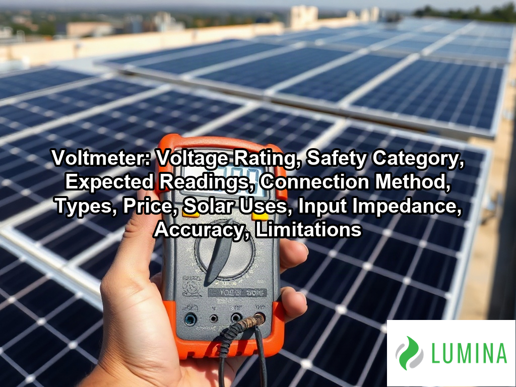 A professional voltmeter measures the DC voltage of a commercial solar panel to confirm efficient energy production on a page about Voltmeter: Voltage Rating, Safety Category, Expected Readings, Connection Method, Types, Price, Solar Uses, Input Impedance, Accuracy, Limitations