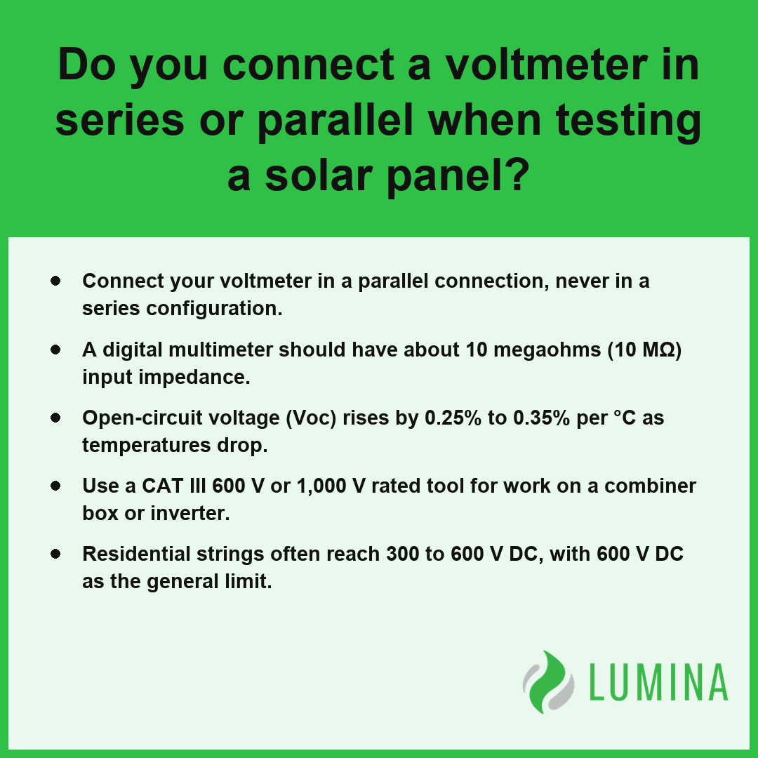 This summary explains how to connect a voltmeter in parallel to safely determine the open circuit voltage of panels.