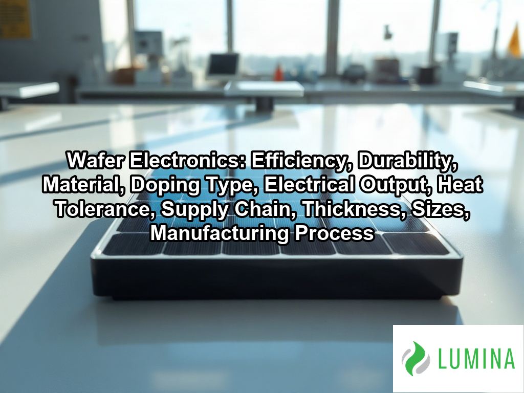 Sunlight reflects off the grid of a monocrystalline silicon wafer electronics surface integrated into a solar panel on a page about Wafer Electronics: Efficiency, Durability, Material, Doping Type, Electrical Output, Heat Tolerance, Supply Chain, Thickness, Sizes, Manufacturing Process