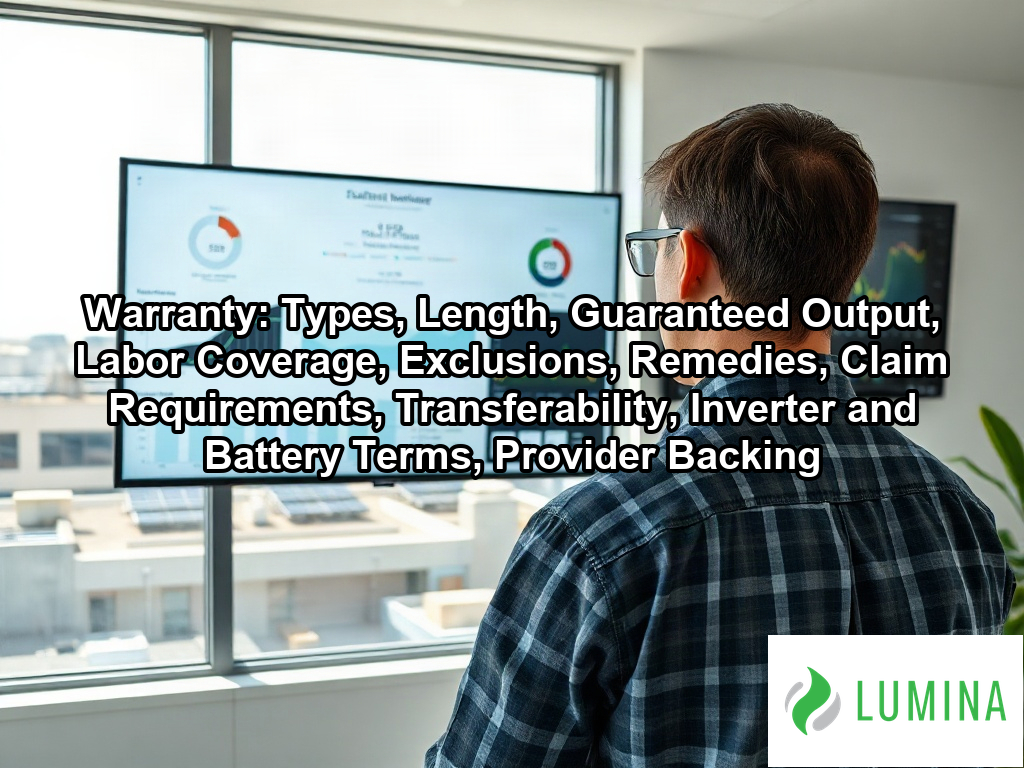 A technician verifies solar panel energy output on an inverter screen to confirm that system performance meets warranty on a page about Warranty: Types, Length, Guaranteed Output, Labor Coverage, Exclusions, Remedies, Claim Requirements, Transferability, Inverter and Battery Terms, Provider Backing