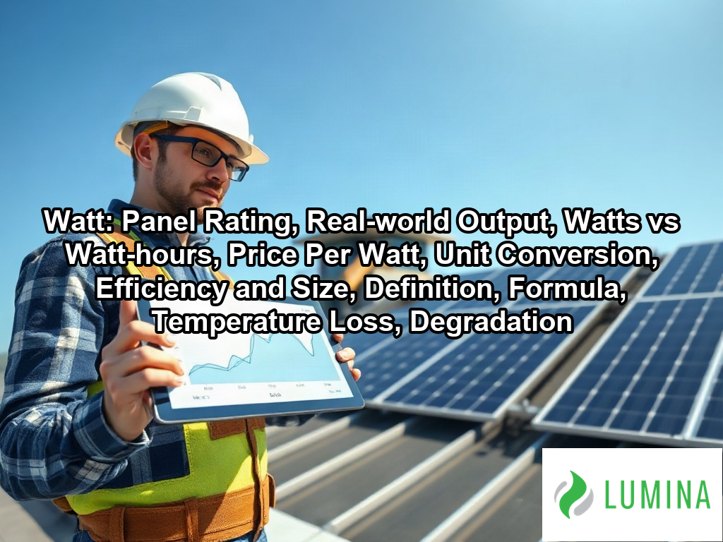 A laptop displays a real-time energy production graph in watt measurements for solar panels viewed from a sunny office on a page about Watt: Panel Rating, Real-world Output, Watts vs Watt-hours, Price Per Watt, Unit Conversion, Efficiency and Size, Definition, Formula, Temperature Loss, Degradation