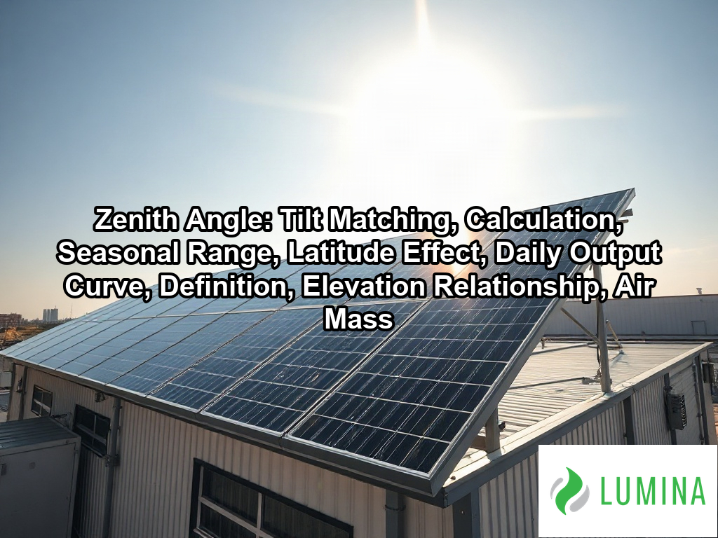 An engineer checks solar panel alignment to optimize the zenith angle for maximum energy production at a commercial site on a page about Zenith Angle: Tilt Matching, Calculation, Seasonal Range, Latitude Effect, Daily Output Curve, Definition, Elevation Relationship, Air Mass