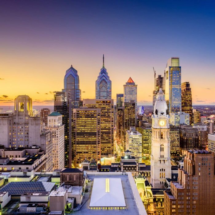 Philadelphia, Pennsylvania, USA downtown city skyline at dusk.