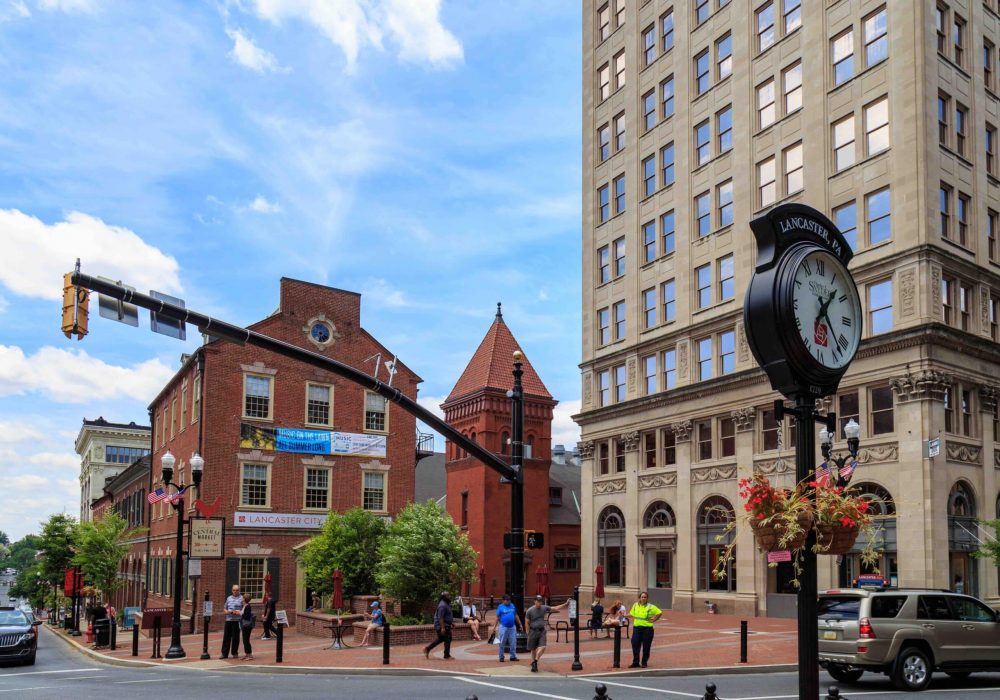 Lancaster, PA, USA - June 25, 2018: Penn Square in the downtown area of the city.