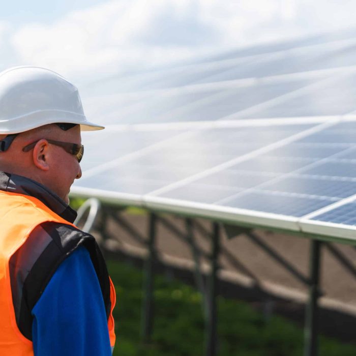 Male worker at solar panels farm
